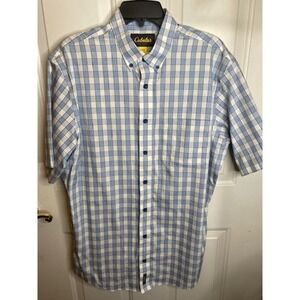 Cabelas Button Down White/Blue Short Sleeve Mens Shirt Large
